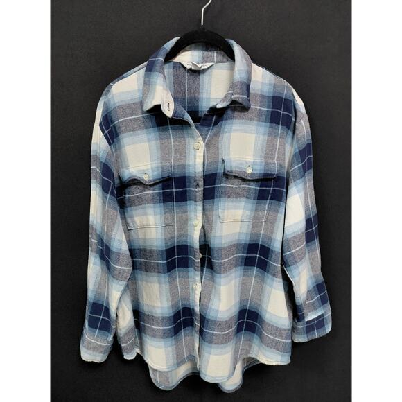 Old Navy Tops - OLD NAVY Shirt The Boyfriend Plaid Blue Long Sleeve Woven Women Size L PETITE